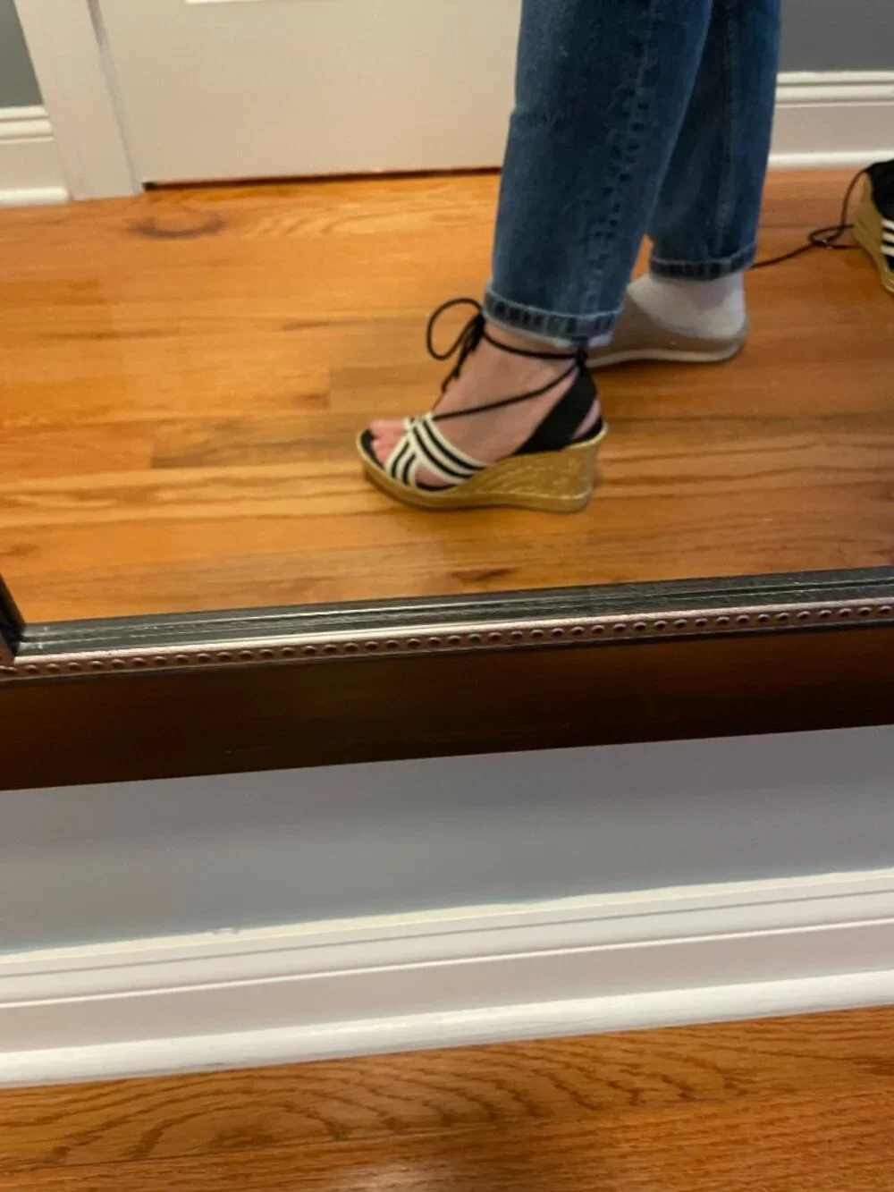 Marc Jacobs Dani Striped Canvas Wedge Espadrille Sandals Gold Heel Size 38